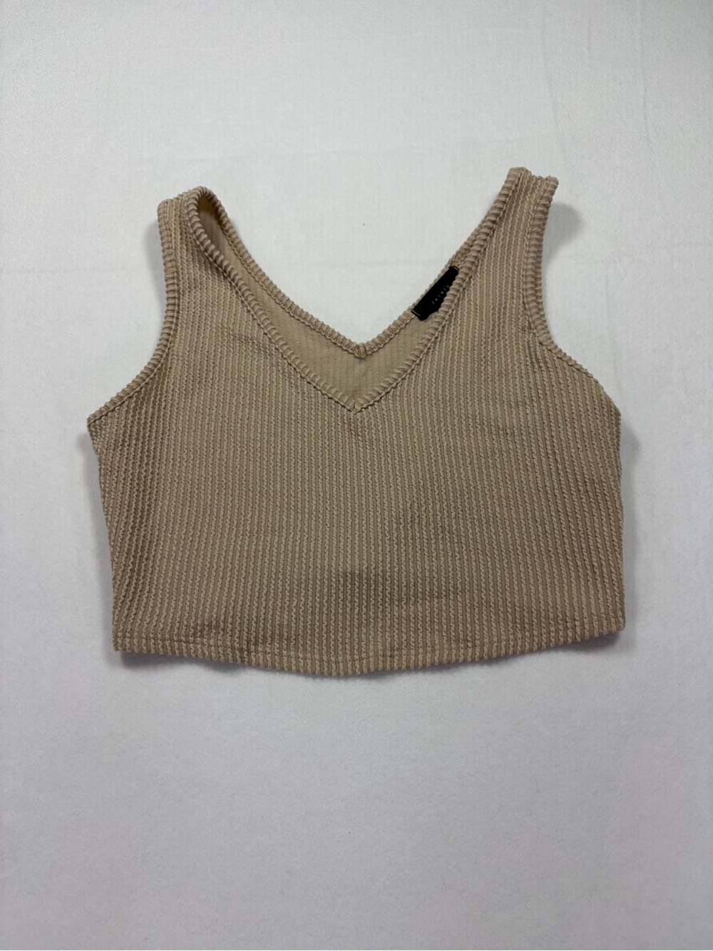Ribbed V-Neck Crop Tank in Beige